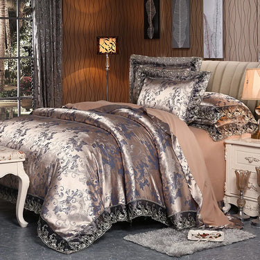 Luxury Silver Brown Satin Jacquard Cotton Lace European Duvet Cover Bedding Set